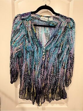 Patchington Teal, Purple & Black Printed V-Neck Blouse